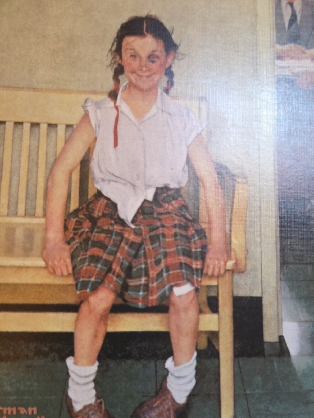Norman Rockwell Girl on Bench Print - Plaid Skirt, White Shirt - Picture 3 of 7